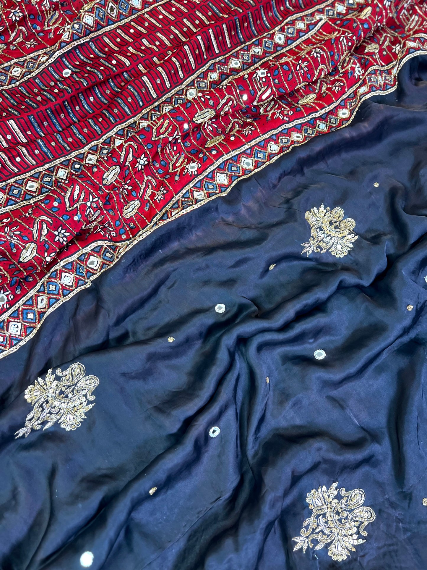 NIGHT ORCHID - Pure Modal Ajrakh Hand Embroidered Saree