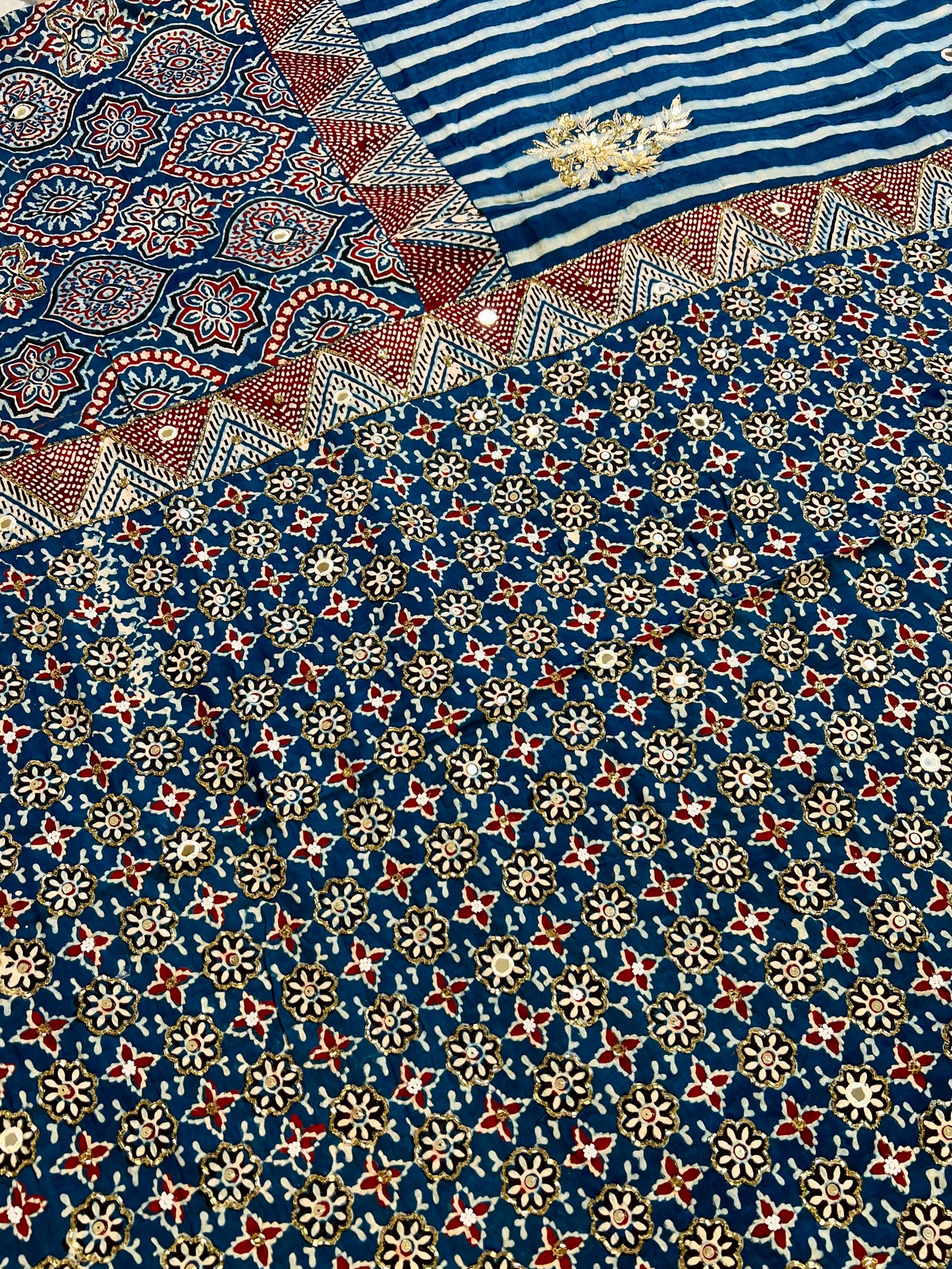 INDIGO STARDUST - Pure Modal Ajrakh Hand Embroidered Saree