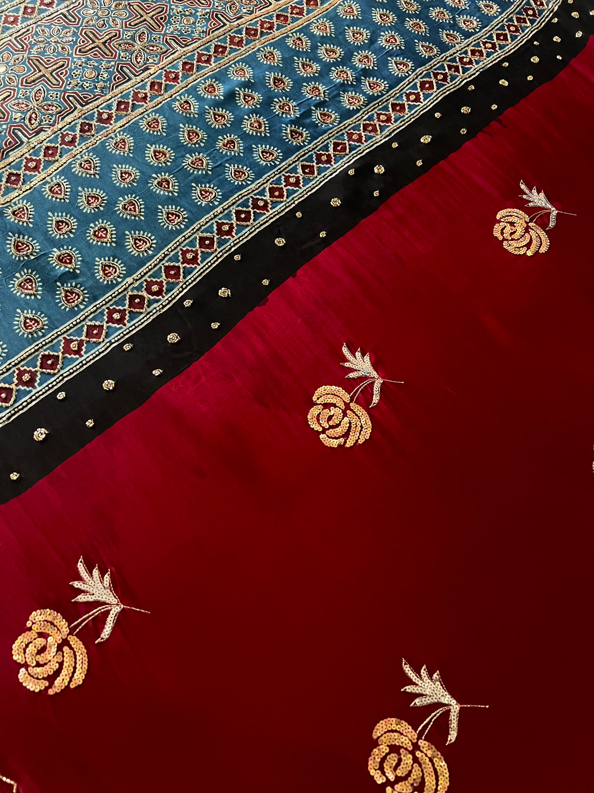 DESIRE ROSE - Pure Modal Ajrakh Hand Embroidered Saree