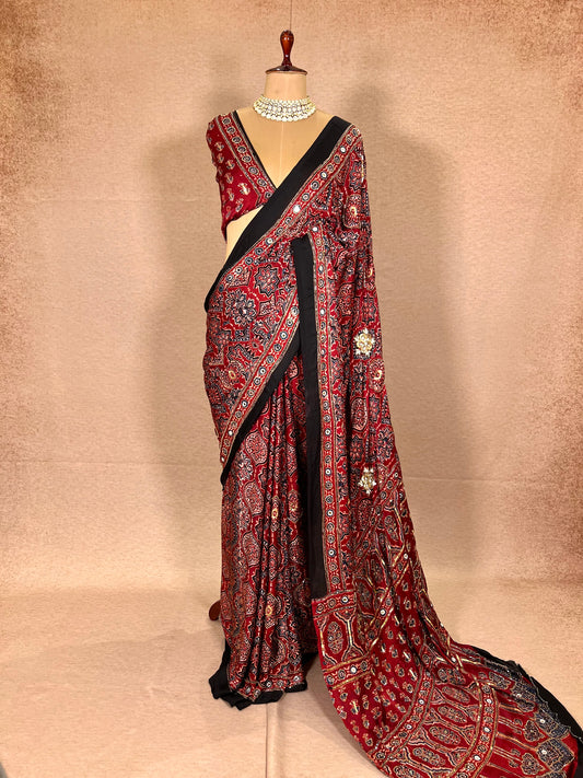 CARMINE MUSE - Pure Modal Ajrakh Hand Embroidered Saree