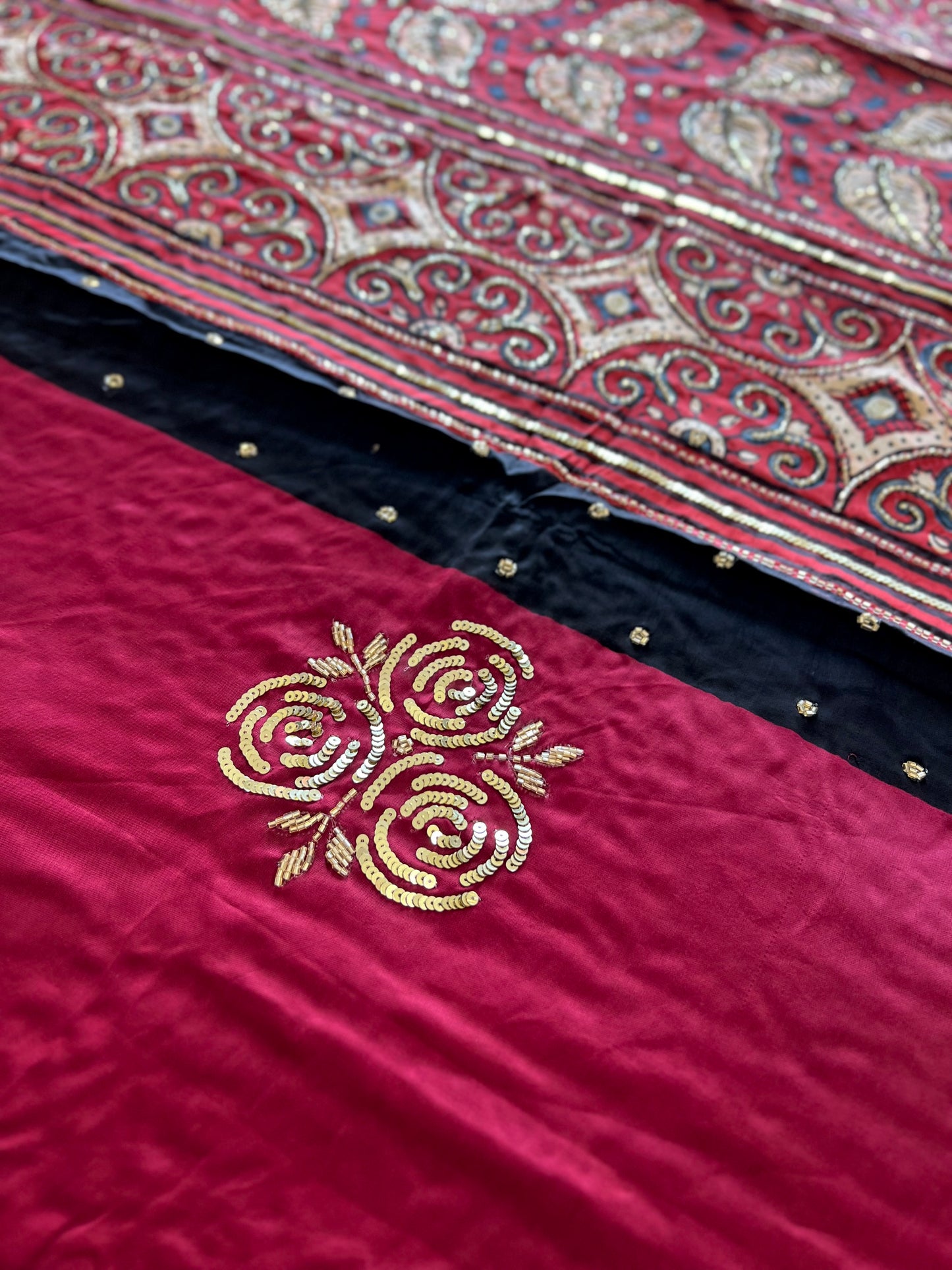 PASSION ROSE - Pure Modal Ajrakh Hand Embroidered Saree