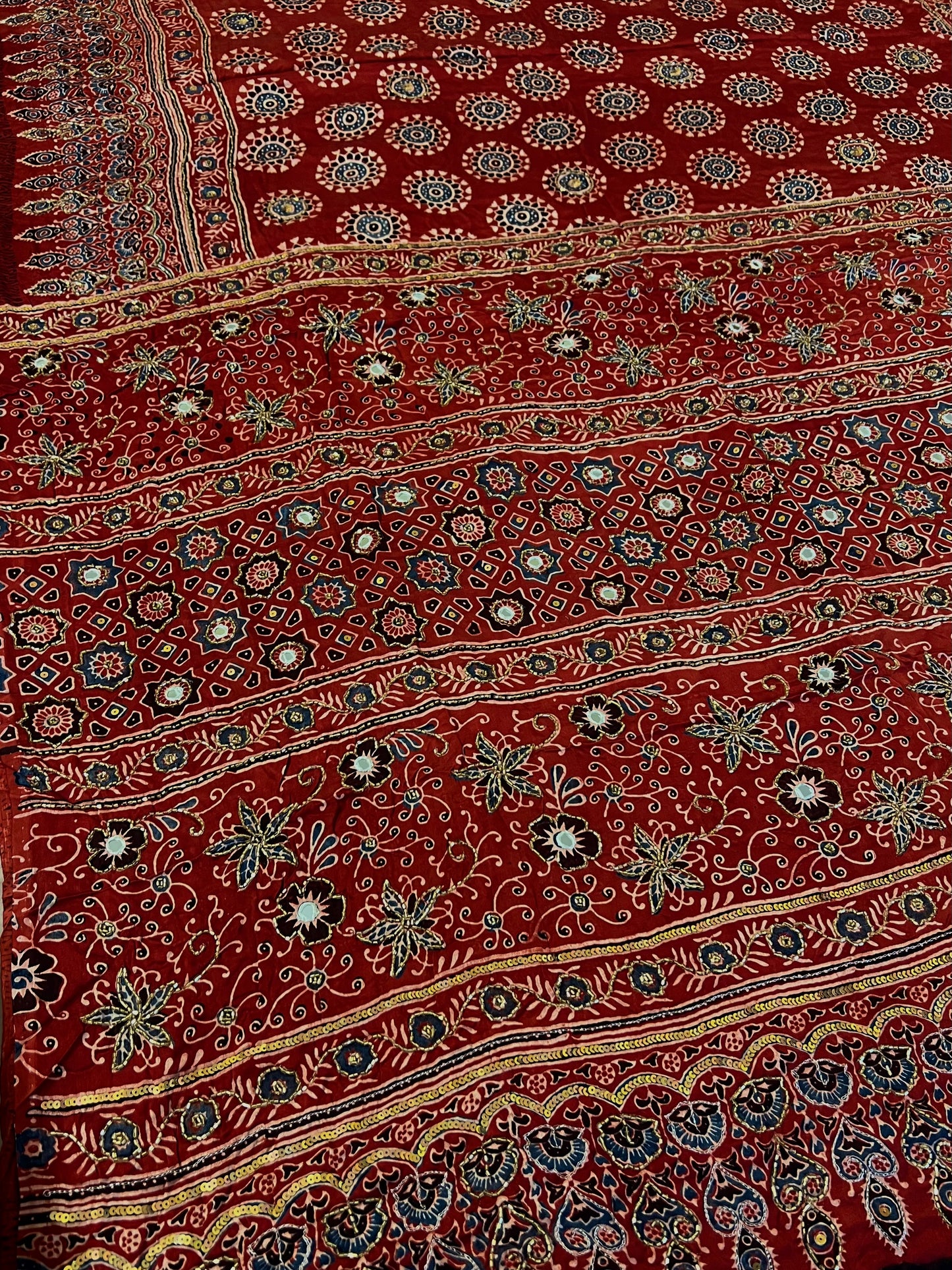 GARNET BLOOM - Pure Modal Ajrakh Hand Embroidered Saree