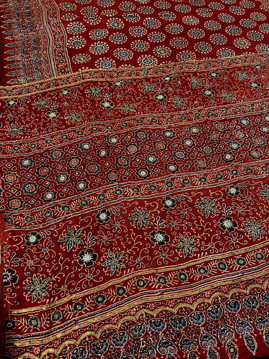 GARNET BLOOM - Pure Modal Ajrakh Hand Embroidered Saree