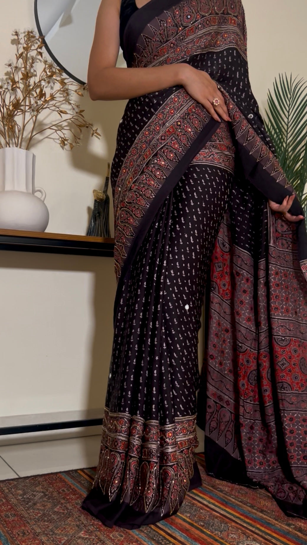 VELVET TRUFFLE - Pure Modal Ajrakh Hand Embroidered Saree