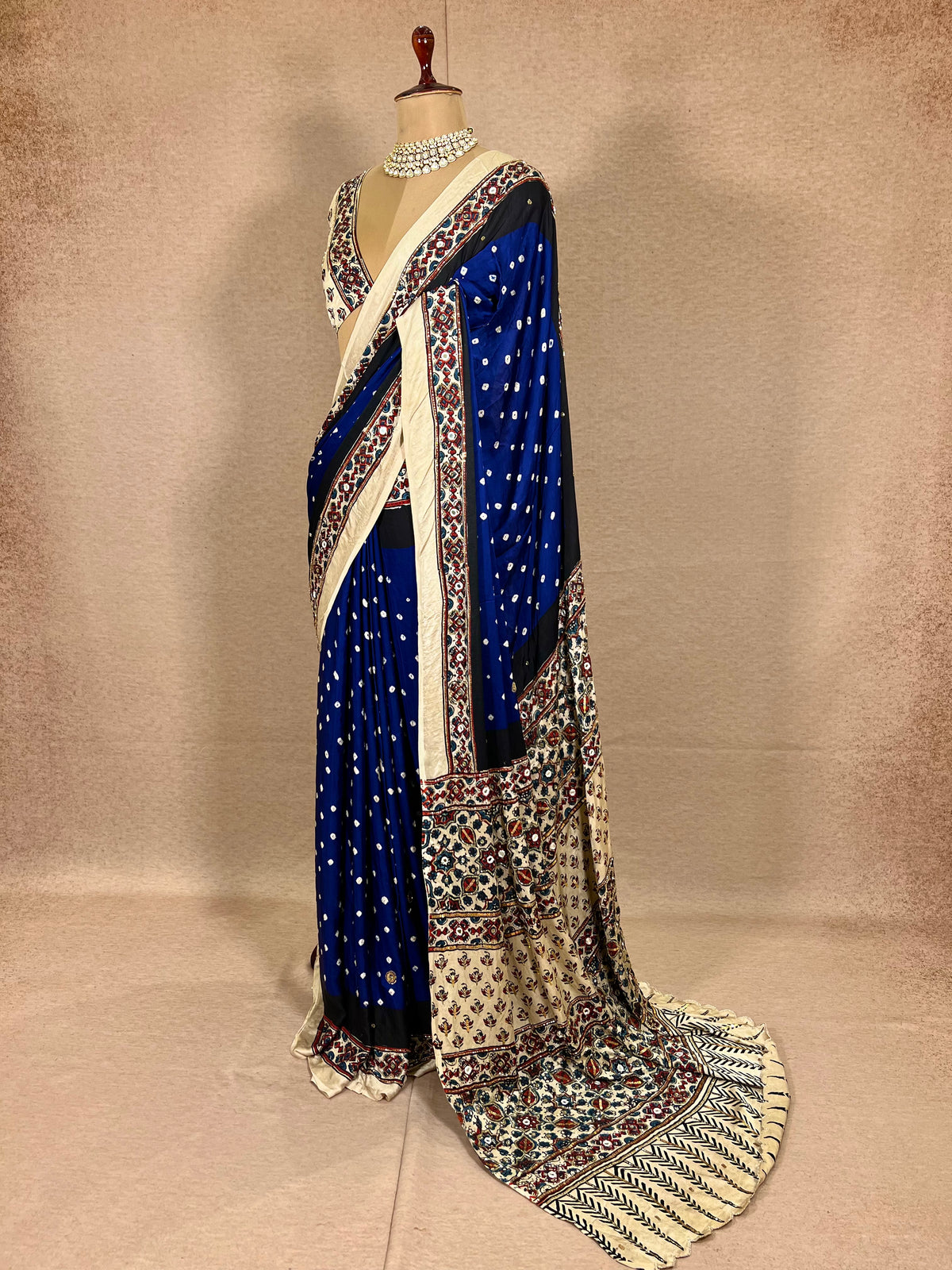 BLUE ROYALTY - Pure Modal Bandhani Ajrakh Hand Embroidered Saree