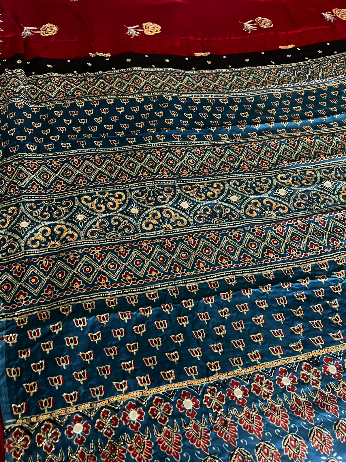 DREAM ROSE - Pure Modal Ajrakh Hand Embroidered Saree