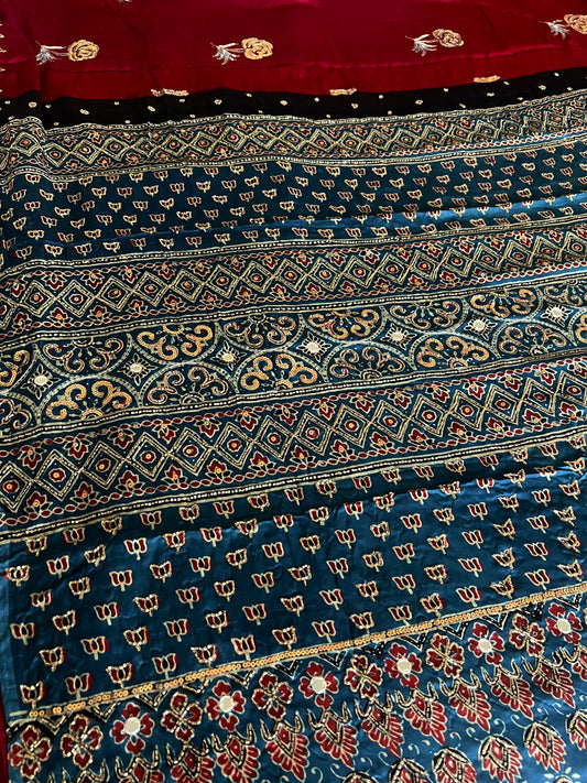DREAM ROSE - Pure Modal Ajrakh Hand Embroidered Saree