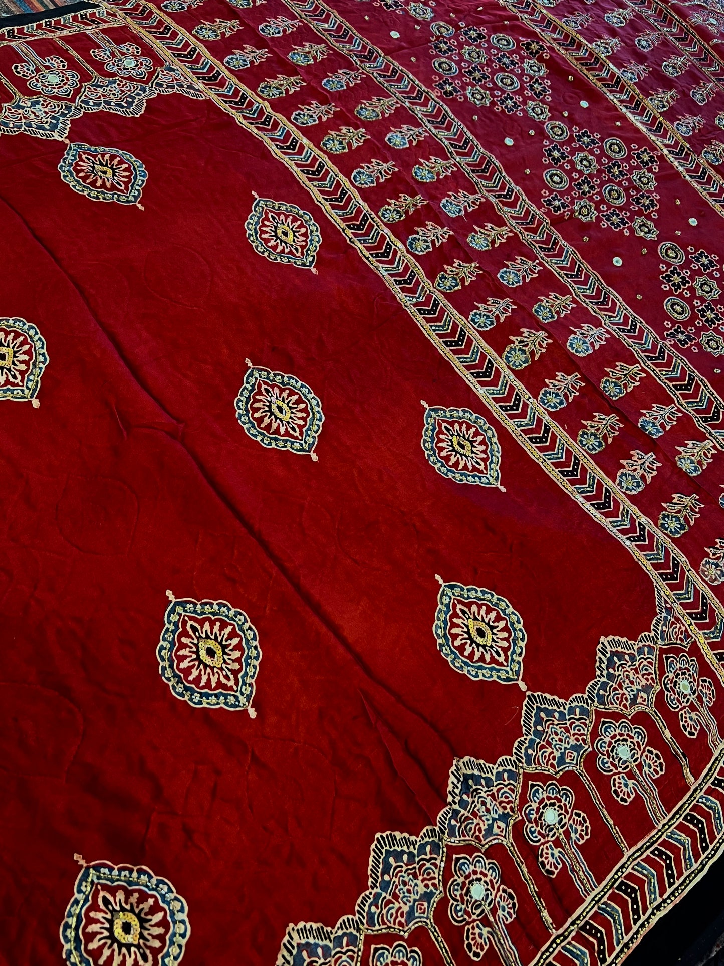 GARNET FLAME - Pure Modal Ajrakh Hand Embroidered Saree