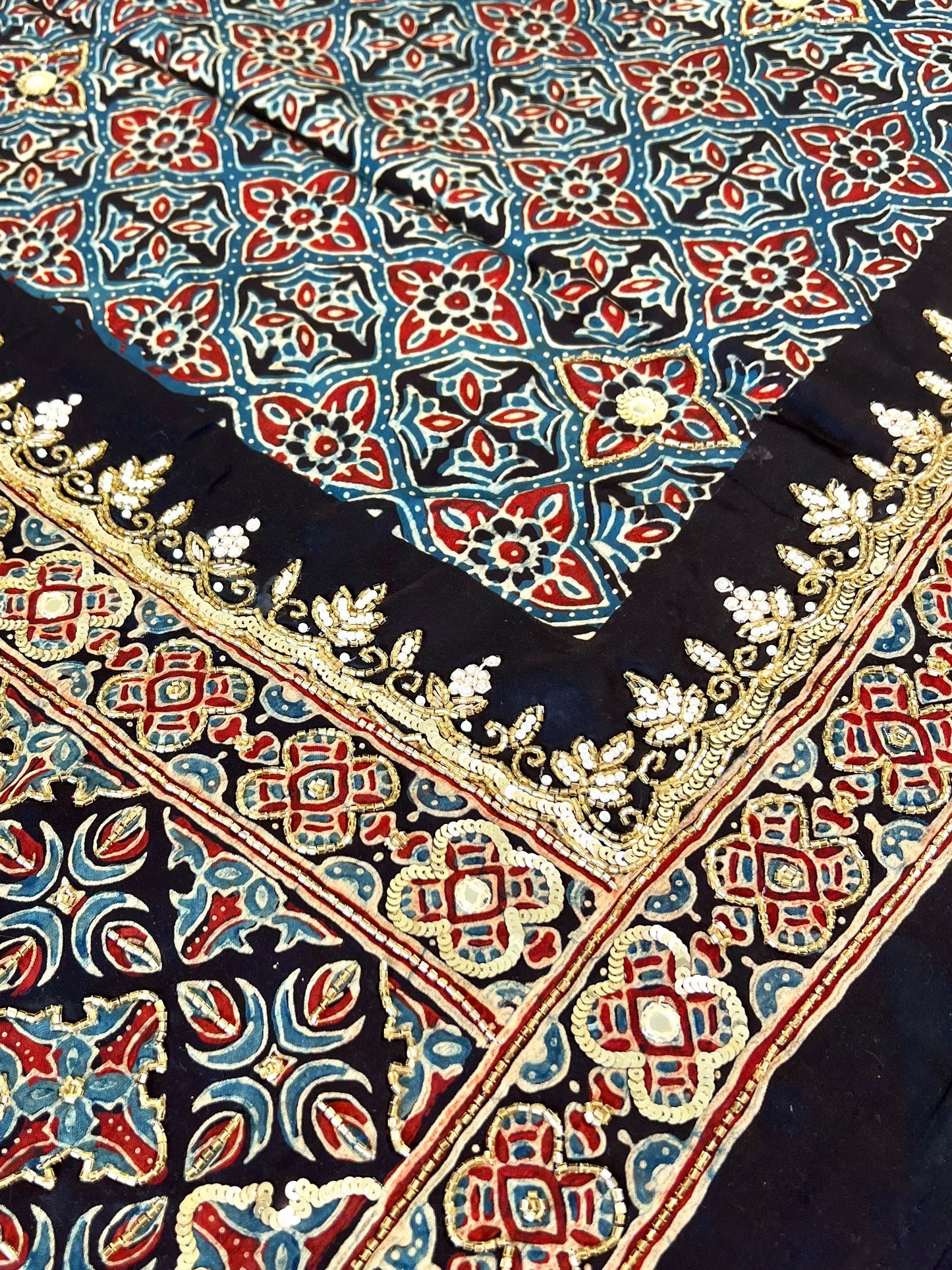 Regal Petals - Pure Modal Ajrakh Hand Embroidered Saree