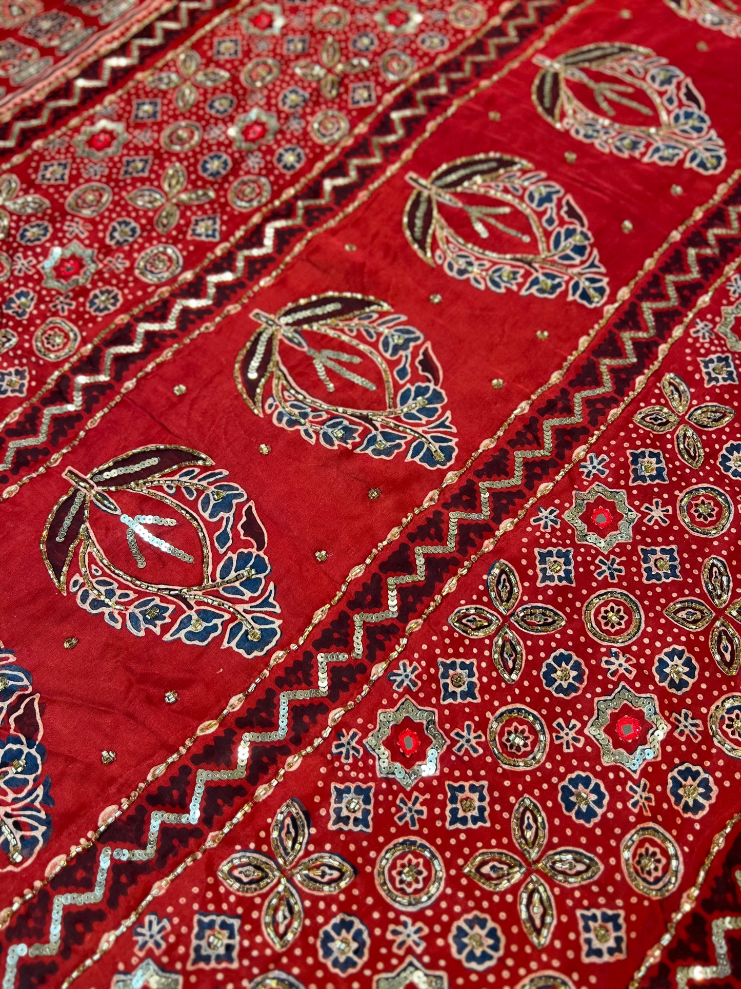 CRIMSON ECLIPSE - Pure Modal Ajrakh Hand Embroidered Saree