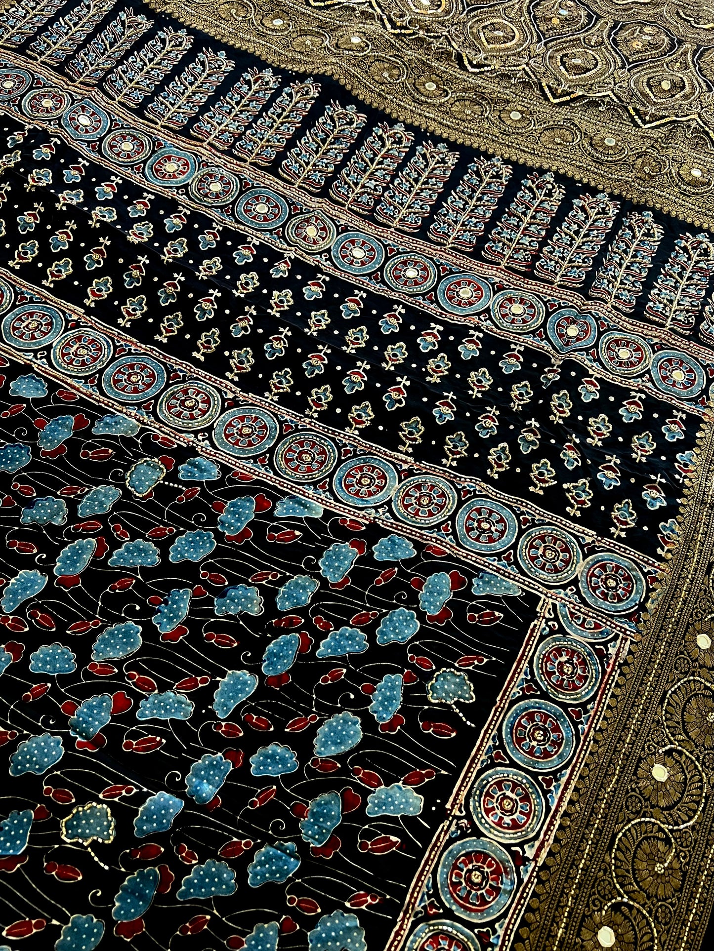 NOIR RADIANCE - Pure Dola Ajrakh Hand Embroidered Saree