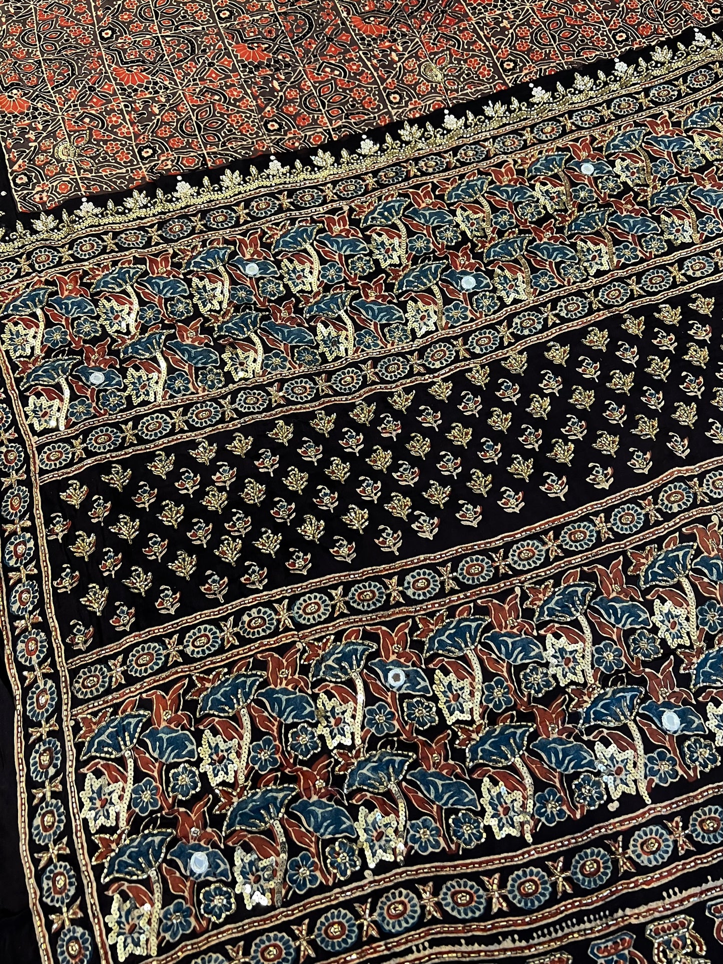 BURNT COFFEE - Pure Modal Ajrakh Hand Embroidered Saree