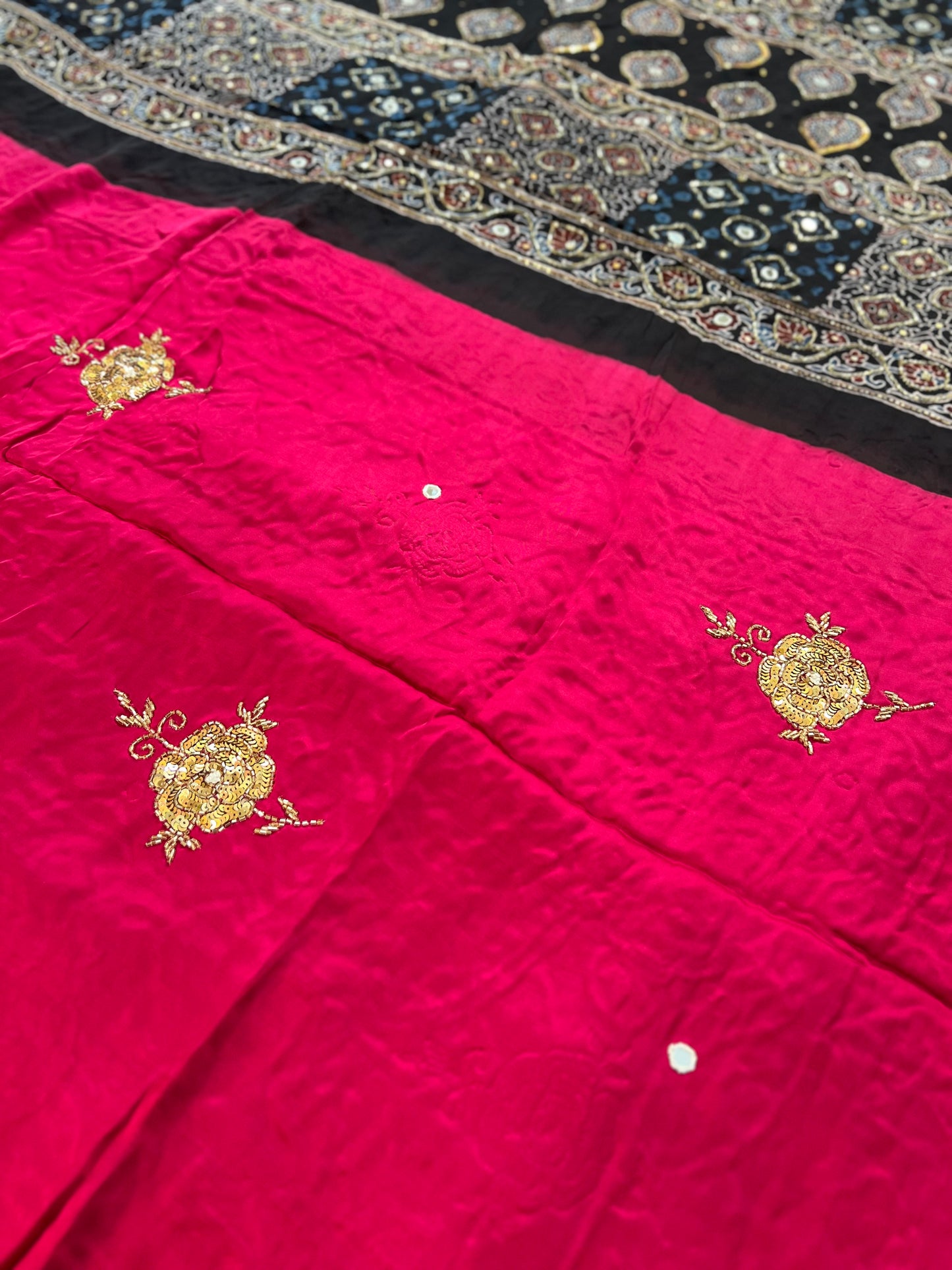 FLAMINGO ROSE - Pure Modal Ajrakh Hand Embroidered Saree
