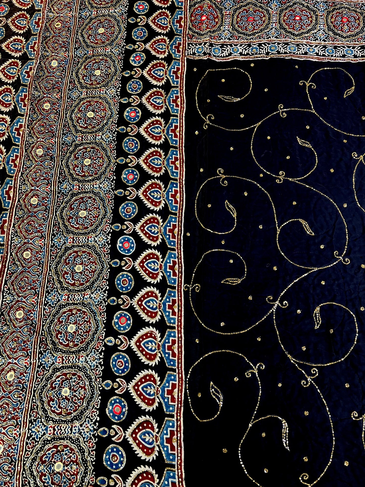 MIDNIGHT SHIMMER - Pure Modal Ajrakh Hand Embroidered Saree