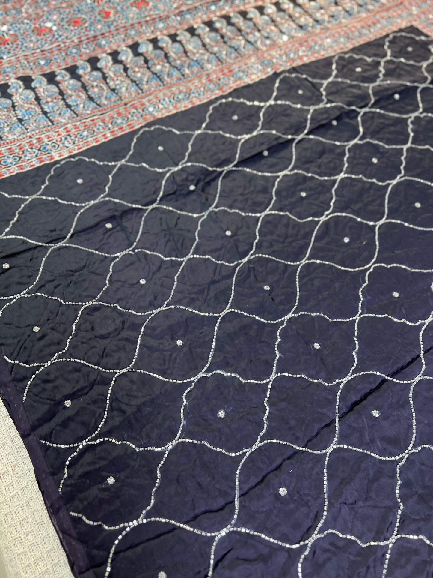 MIDNIGHT IVY - Pure Modal Ajrakh Hand Embroidered Saree