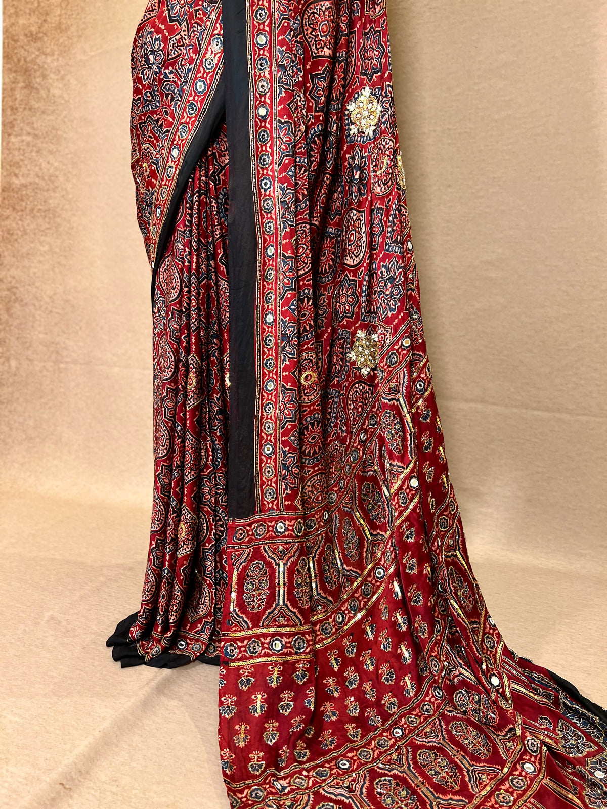 CARMINE MUSE - Pure Modal Ajrakh Hand Embroidered Saree