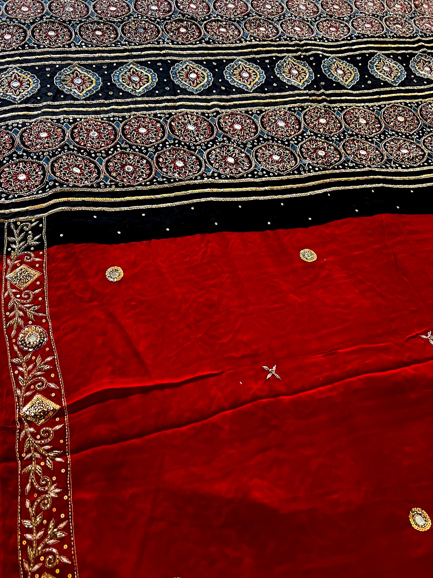 RED ROMANCE - Pure Modal Ajrakh Hand Embroidered Saree