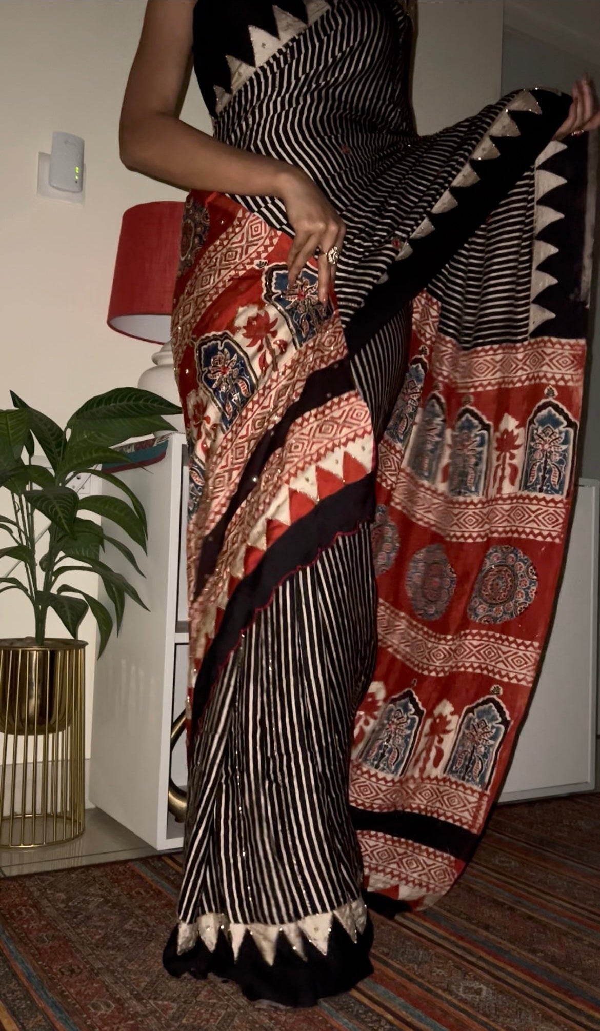 Heritage Stripes - Pure Modal Ajrakh Hand Embroidered Saree