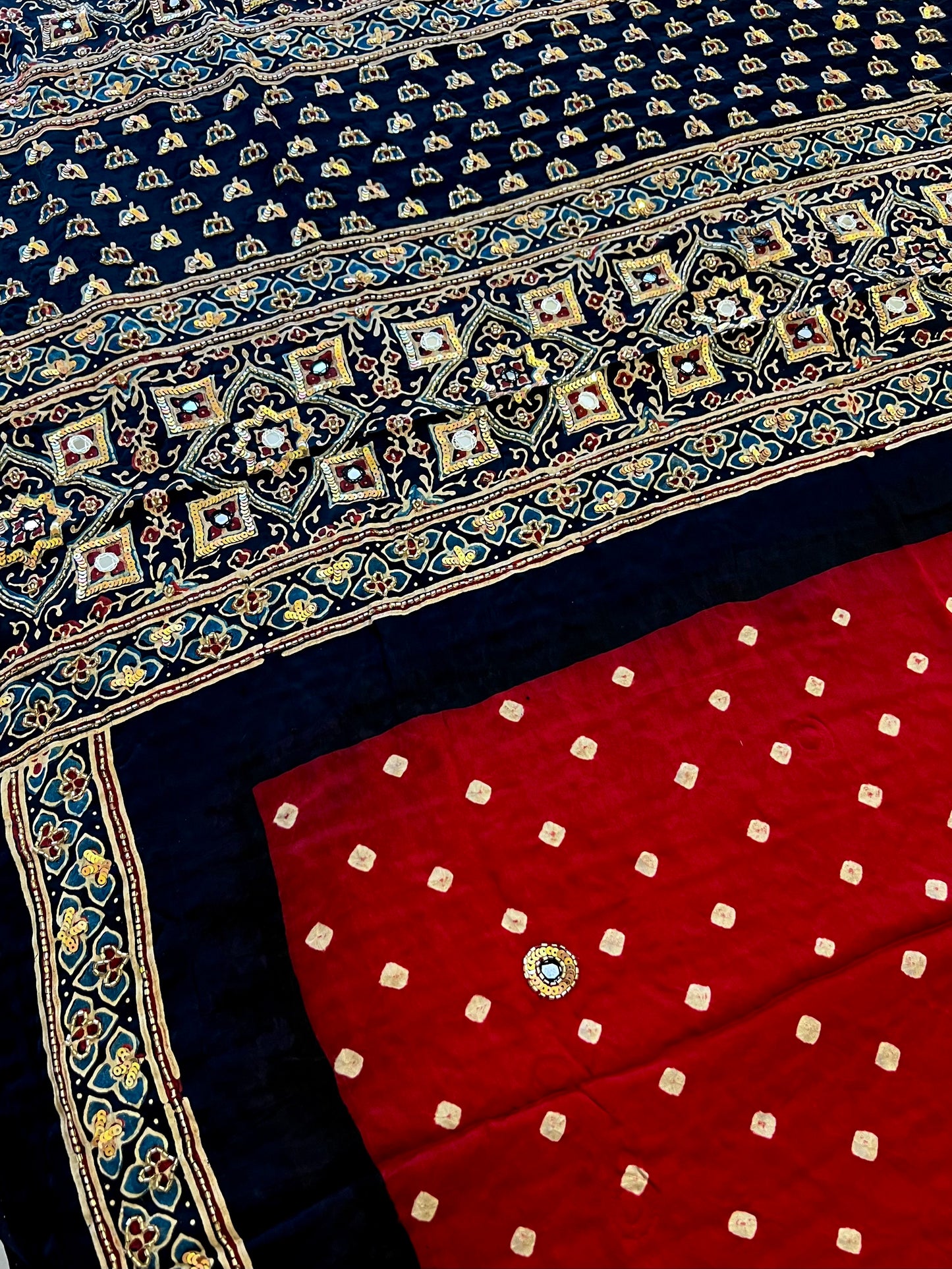 RED GRANDEUR - Pure Modal Bandhani Ajrakh Hand Embroidered Saree