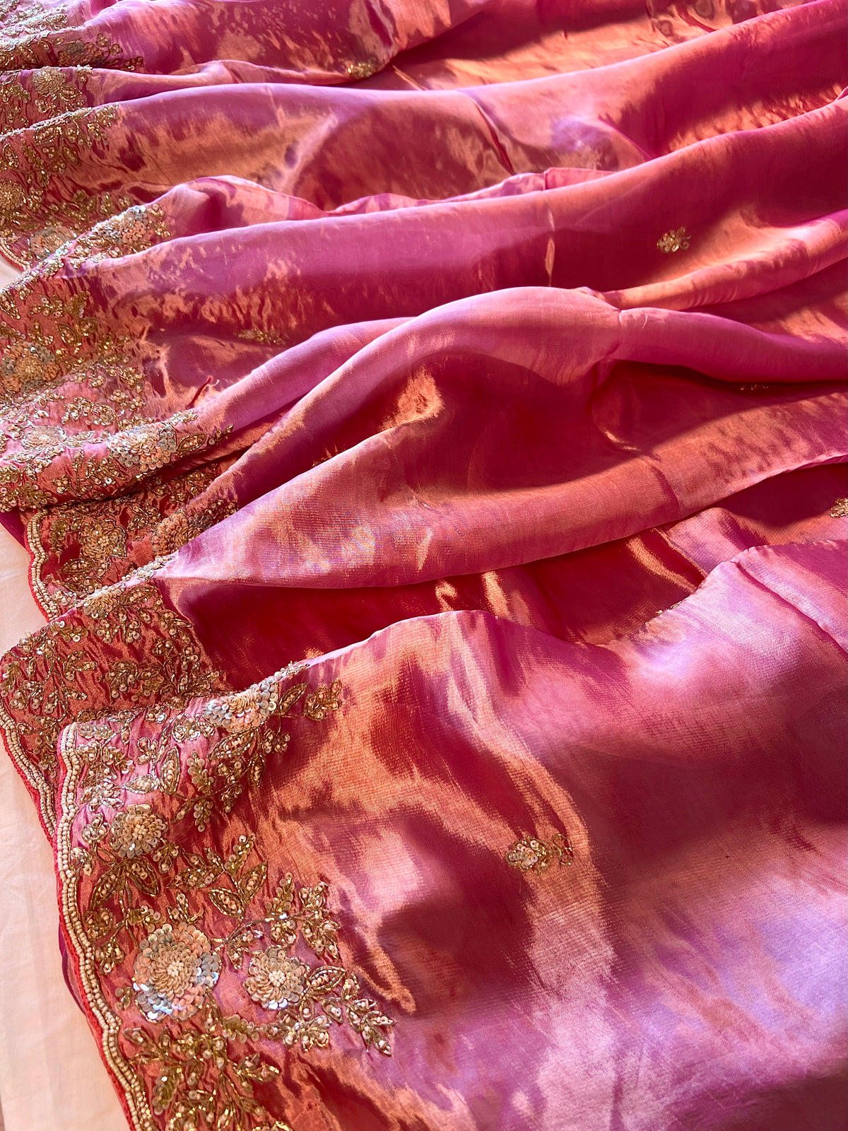 SHABNAM - Pure Chinnon Satin Zardosi Pitta Hand Embroidered Saree