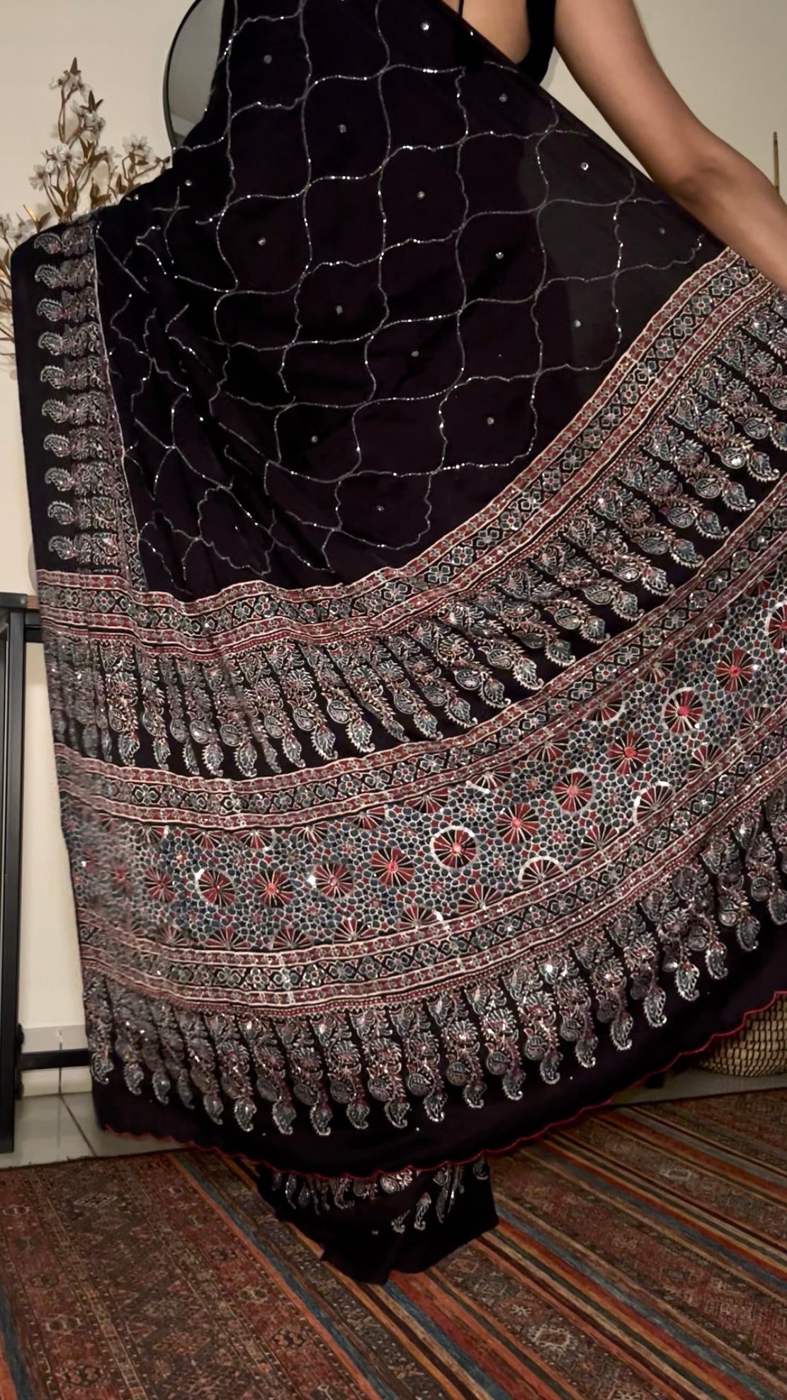 MIDNIGHT IVY - Pure Modal Ajrakh Hand Embroidered Saree