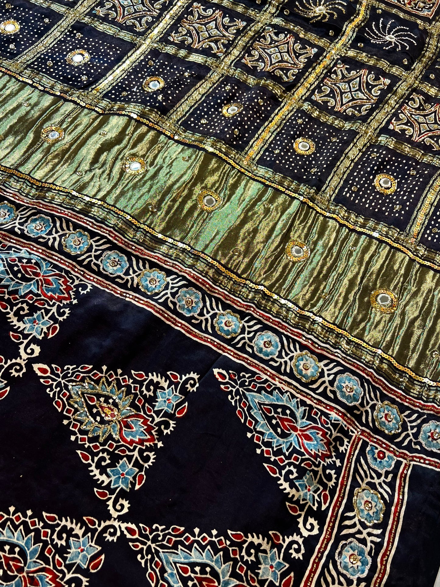 REGAL BLACK - Pure Modal Ajrakh Hand Embroidered Saree