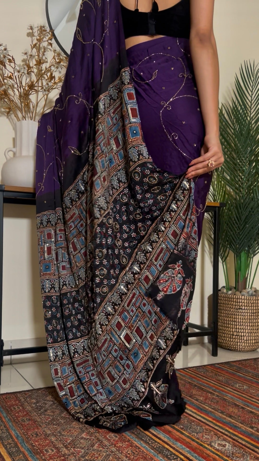 MIDNIGHT AMETHYST - Pure Modal Ajrakh Hand Embroidered Saree
