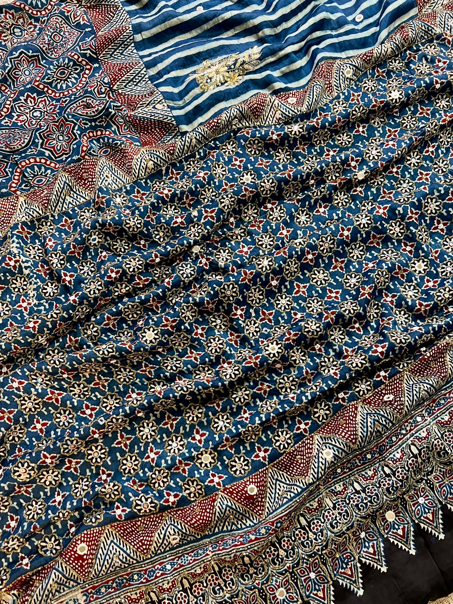 INDIGO STARDUST - Pure Modal Ajrakh Hand Embroidered Saree
