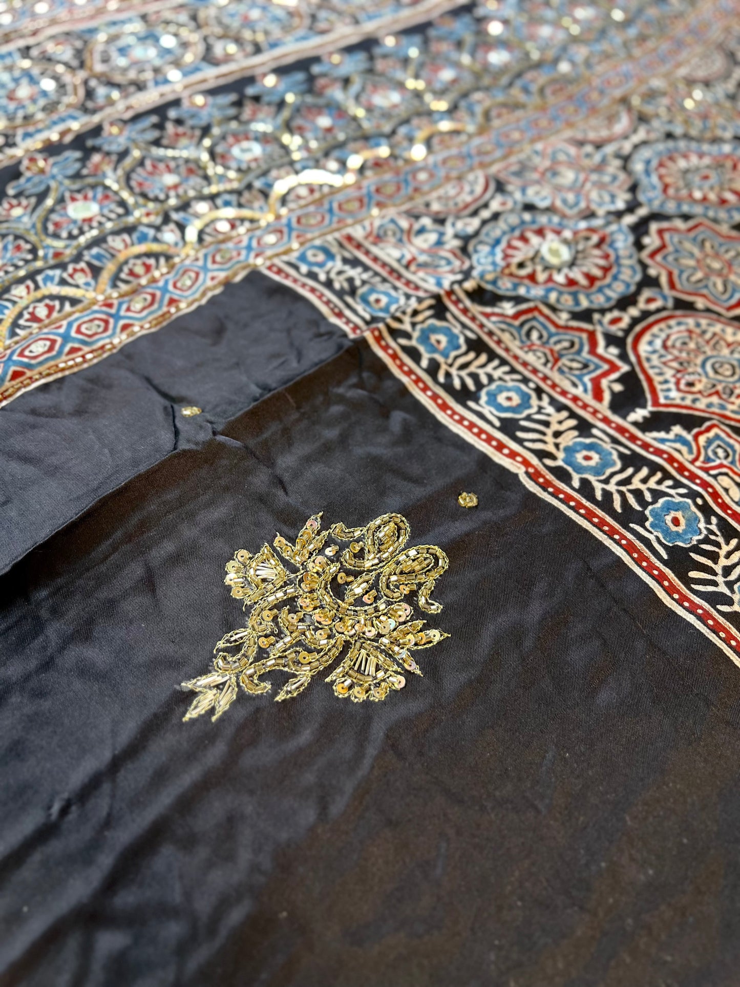MIDNIGHT BLOOM - Pure Modal Ajrakh Hand Embroidered Saree