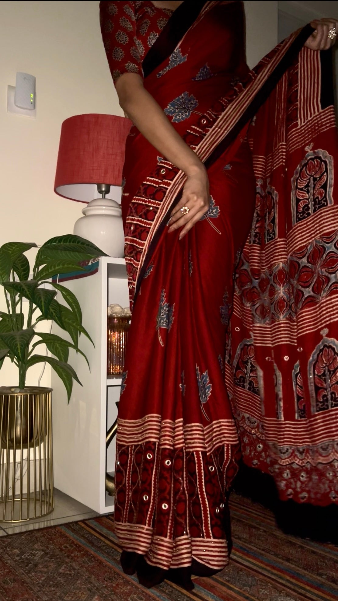 CRIMSON BLOOM - - Pure Modal Ajrakh Hand Embroidered Saree