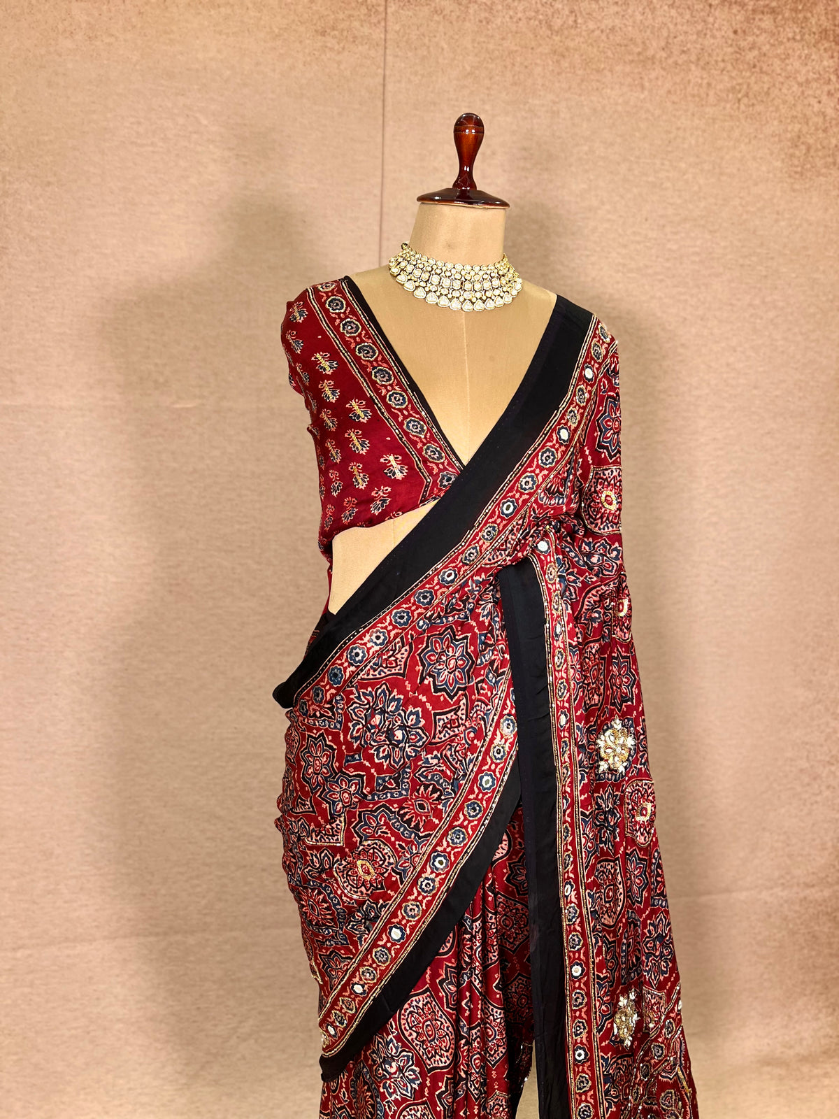 CARMINE MUSE - Pure Modal Ajrakh Hand Embroidered Saree
