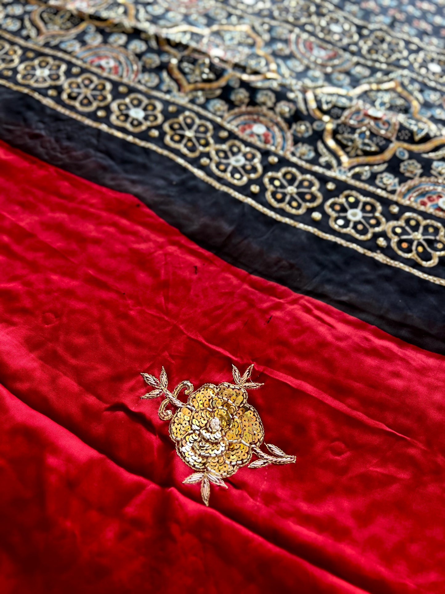 SCARLET ROSE - Pure Modal Ajrakh Hand Embroidered Saree