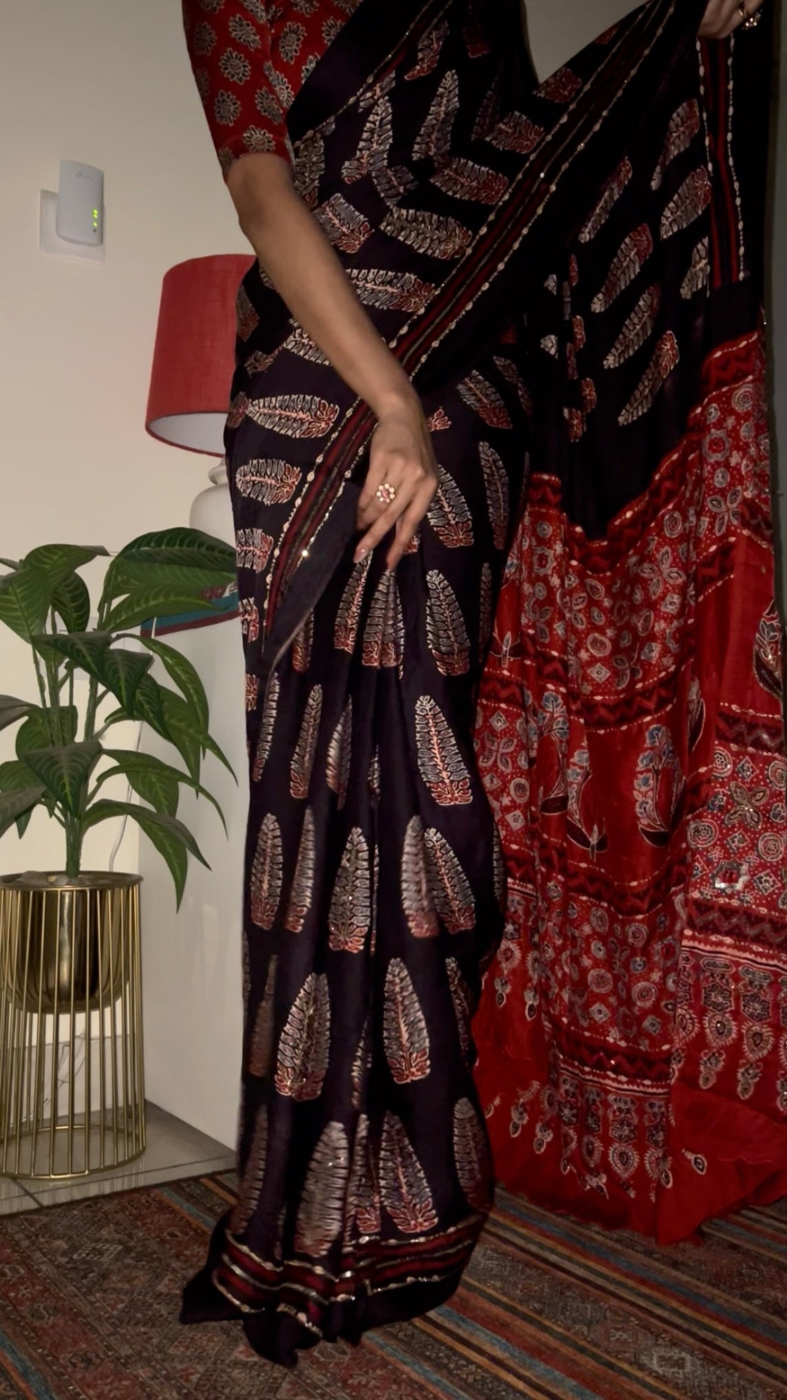 CRIMSON ECLIPSE - Pure Modal Ajrakh Hand Embroidered Saree