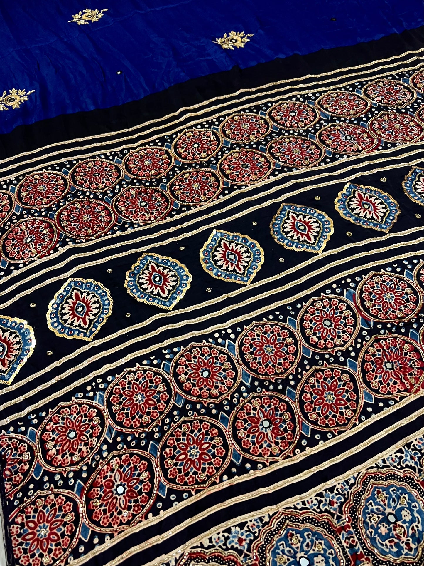 SAPPHIRE ROSE - Pure Modal Ajrakh Hand Embroidered Saree