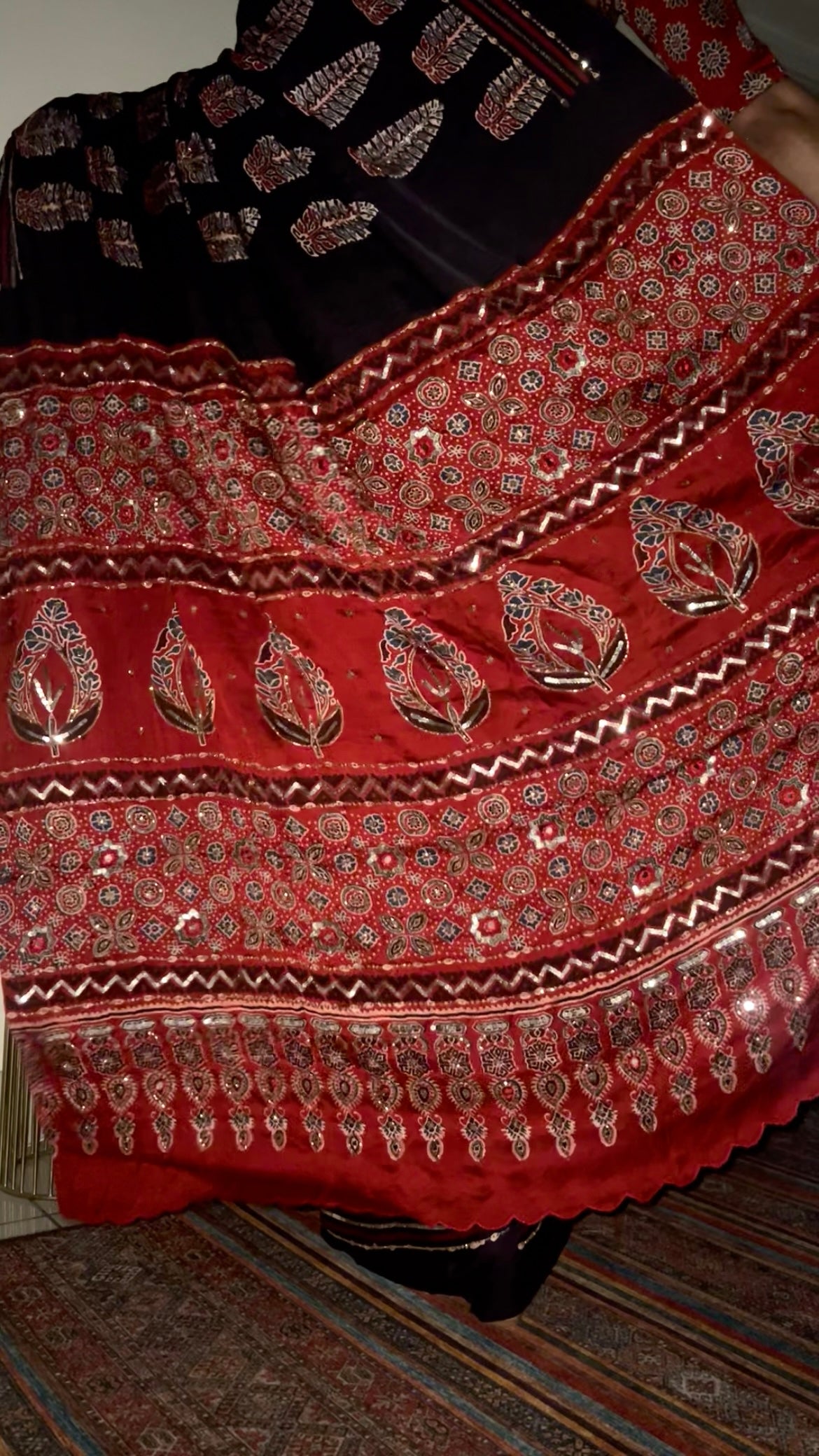 CRIMSON ECLIPSE - Pure Modal Ajrakh Hand Embroidered Saree