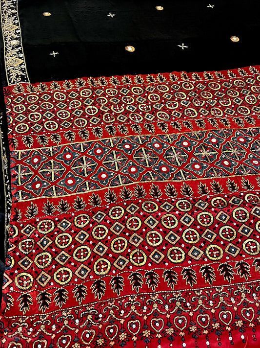 BLACK DESIRE - Pure Modal Ajrakh Hand Embroidered Saree