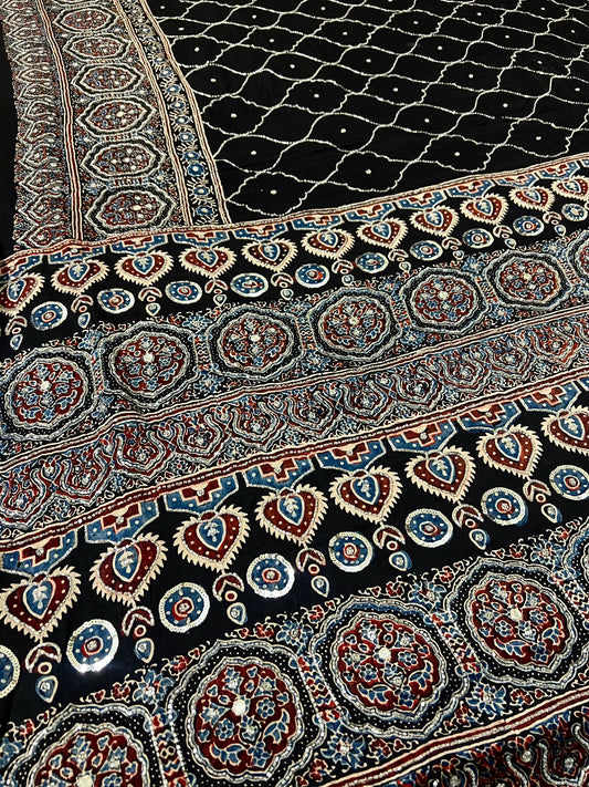 STARRY NIGHT - Pure Modal Ajrakh Hand Embroidered Saree