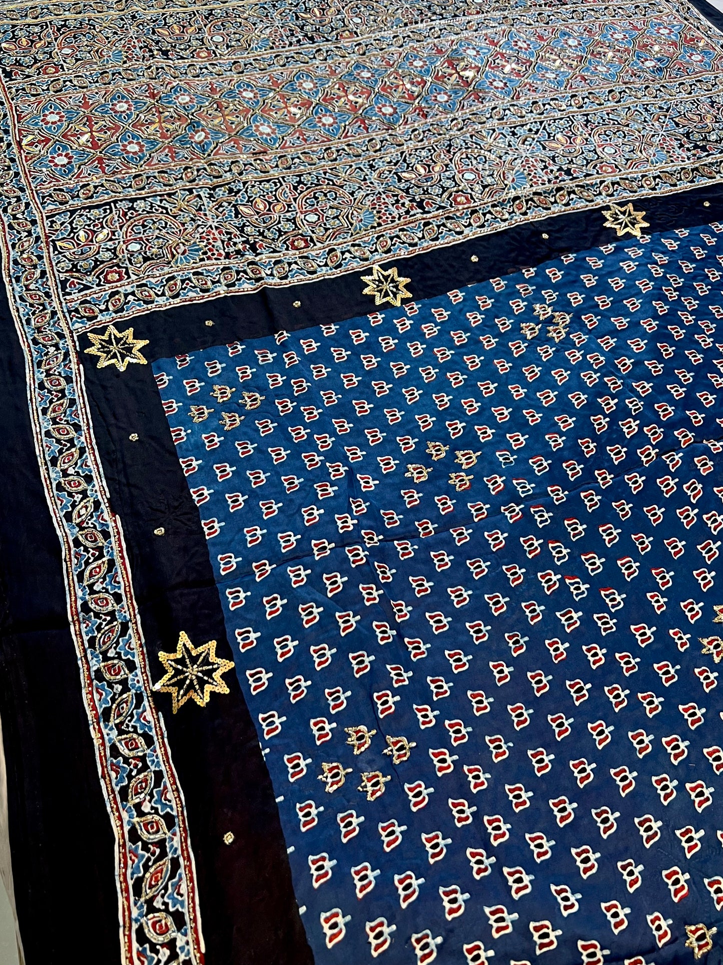 COBALT BLOOM - Pure Modal Ajrakh Hand Embroidered Saree