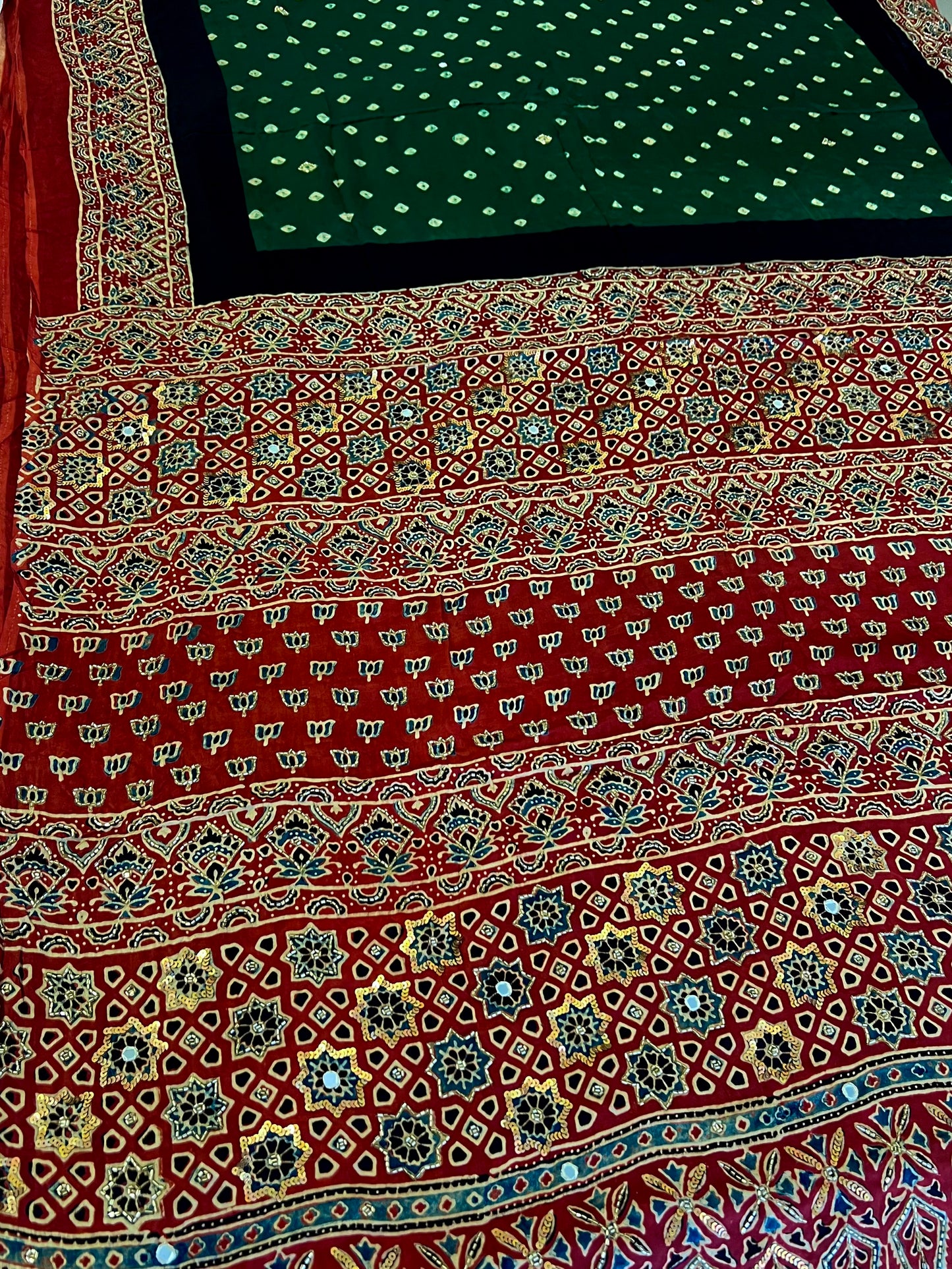 GREEN ROYALTY - Pure Modal Bandhani Ajrakh Hand Embroidered Saree