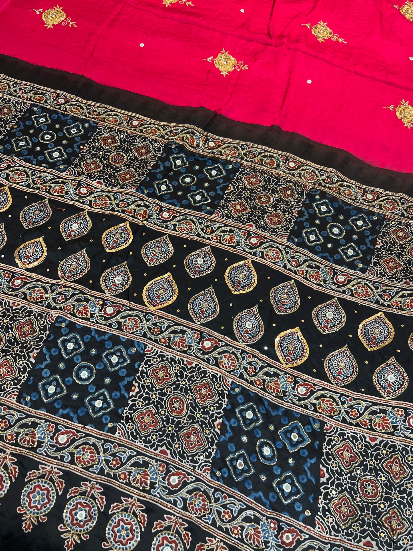 FLAMINGO ROSE - Pure Modal Ajrakh Hand Embroidered Saree
