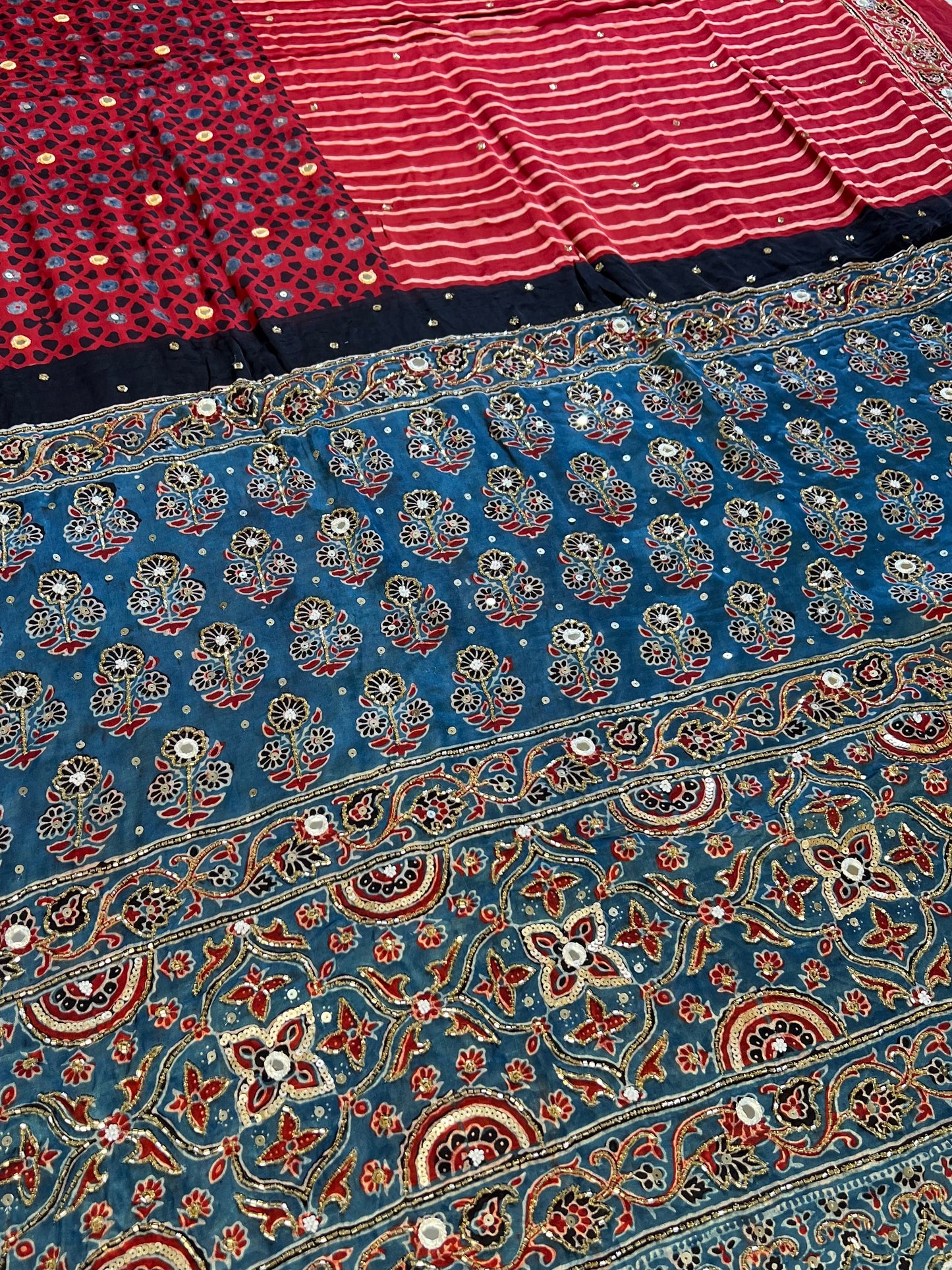 VERMILLION TIDE - Pure Modal Ajrakh Hand Embroidered Saree