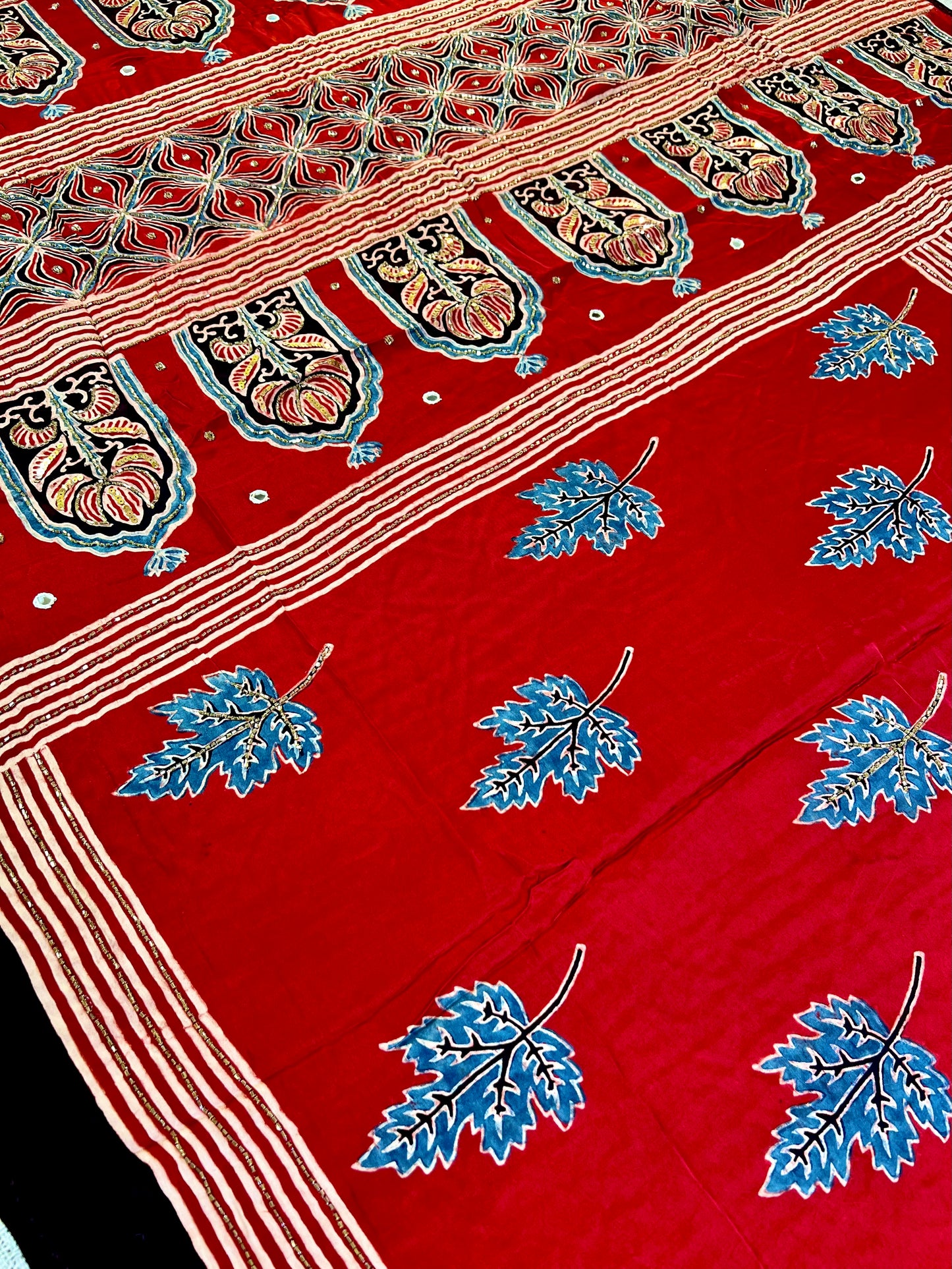 CRIMSON BLOOM - - Pure Modal Ajrakh Hand Embroidered Saree