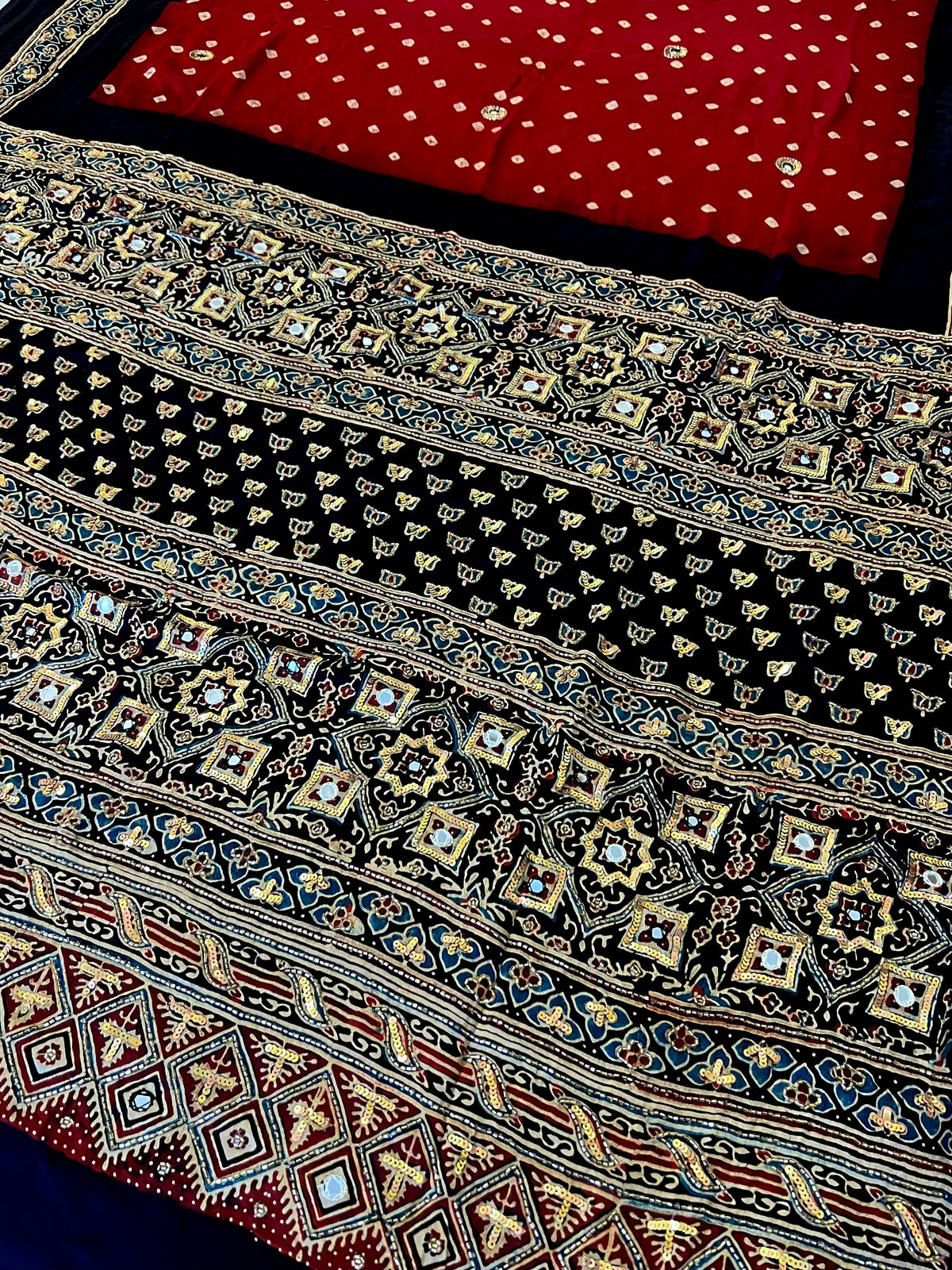 RED GRANDEUR - Pure Modal Bandhani Ajrakh Hand Embroidered Saree