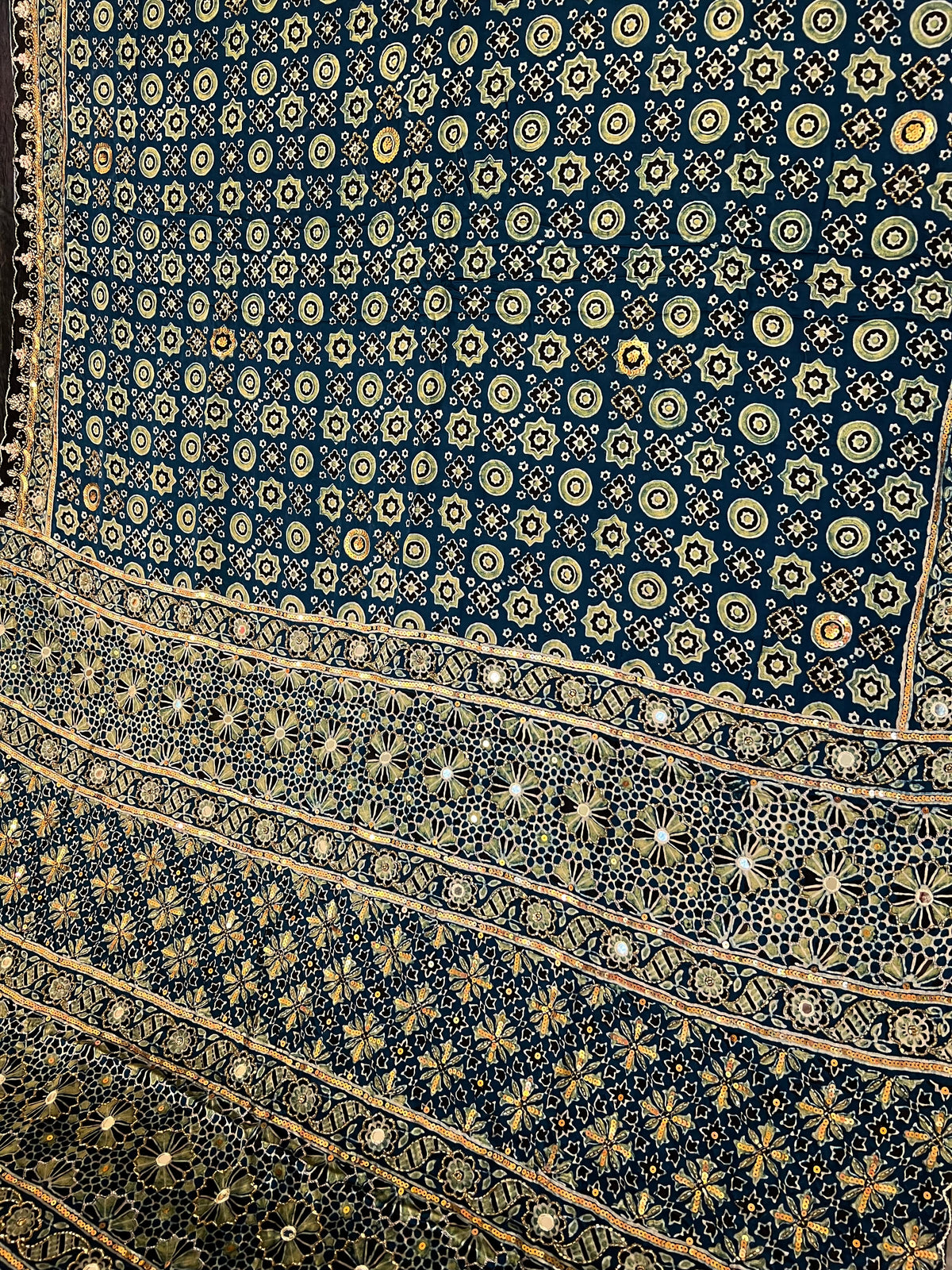 AQUAMARINE MUSE - Pure Modal Ajrakh Hand Embroidered Saree