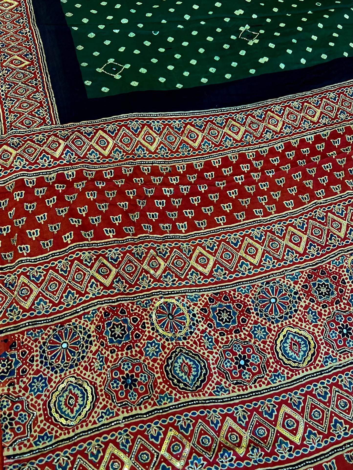 GREEN REGALIA - Pure Modal Bandhani Ajrakh Hand Embroidered Saree
