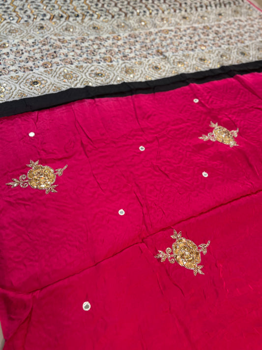 BLUSH ROSE - Pure Modal Ajrakh Hand Embroidered Saree