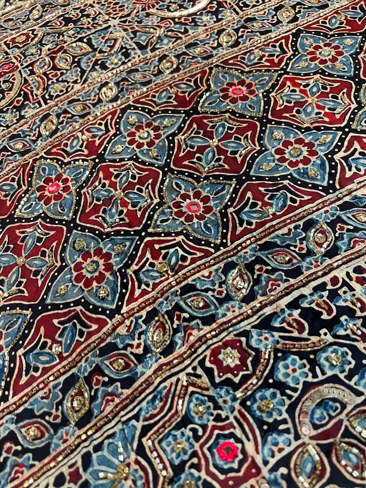 BLUE MEADOW - Pure Modal Ajrakh Hand Embroidered Saree