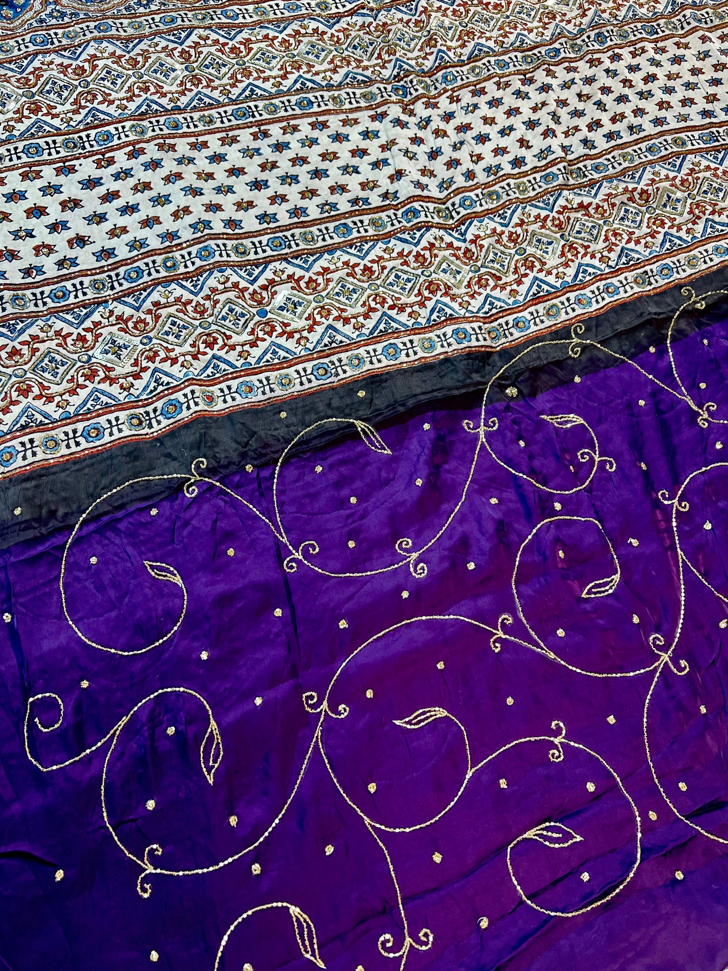 MOONLIT AMETHYST - Pure Modal Ajrakh Hand Embroidered Saree