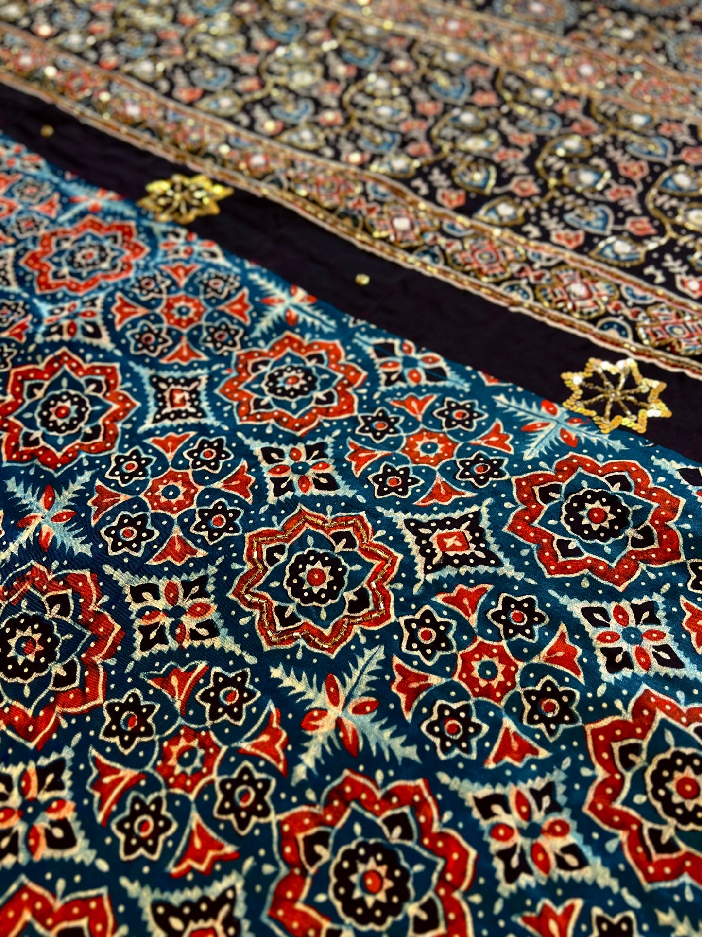 SAPPHIRE MIST - Pure Modal Ajrakh Hand Embroidered Saree