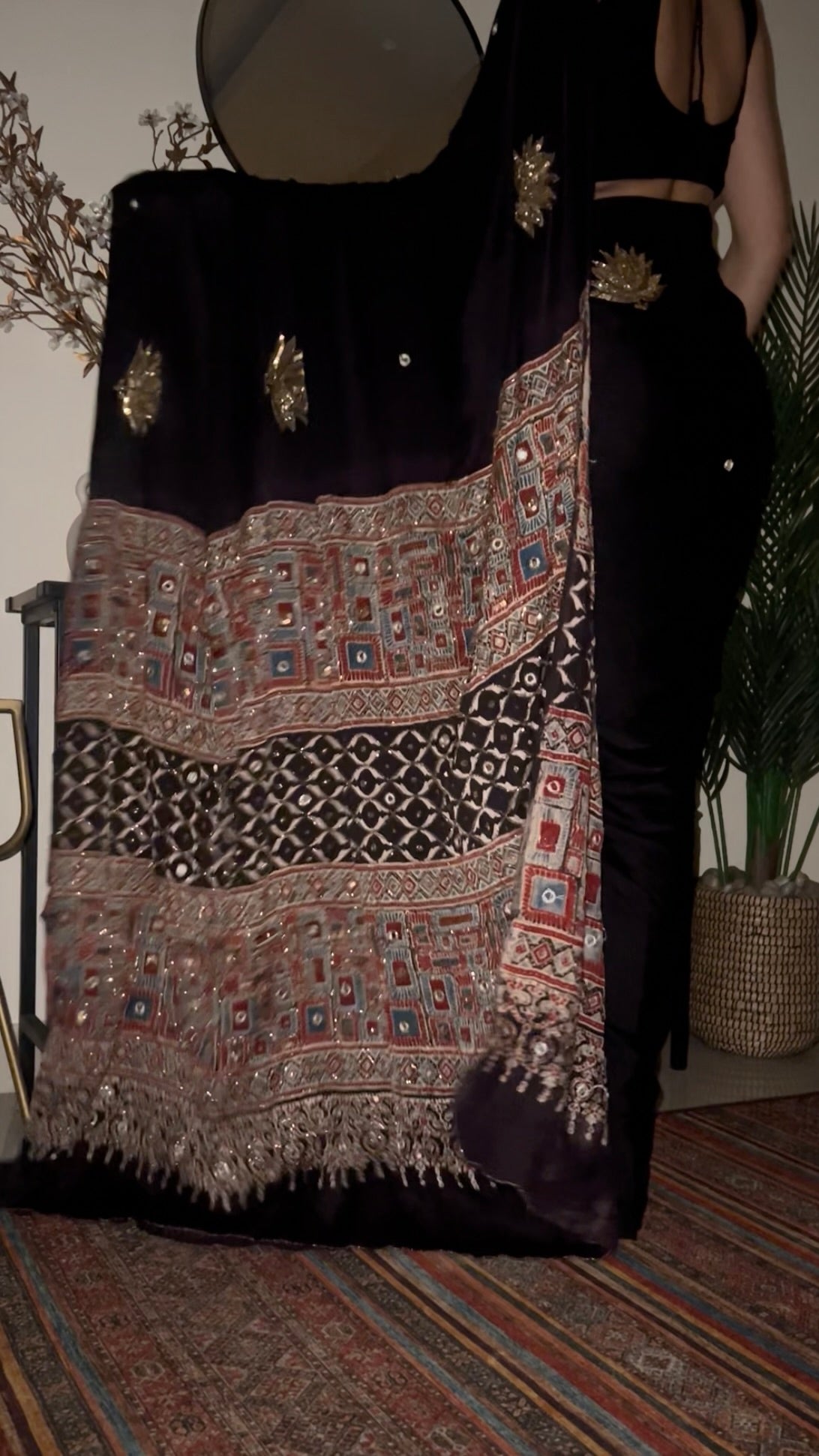 COSMIC LOTUS - Pure Modal Ajrakh Hand Embroidered Saree